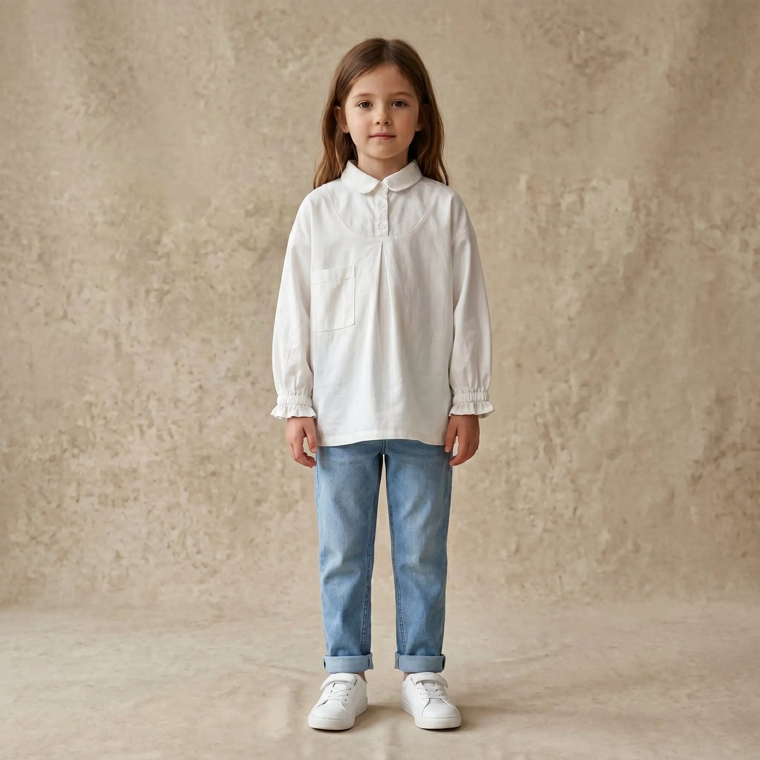 Girls White Long Sleeve Shirt with Pocket Detail Sol Vera