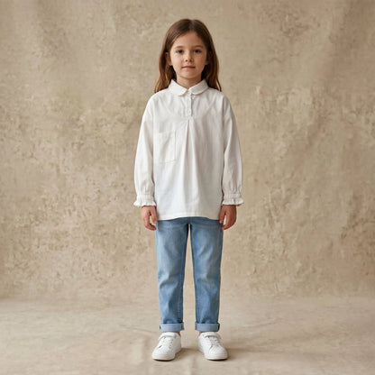 Girls White Long Sleeve Shirt with Pocket Detail Sol Vera