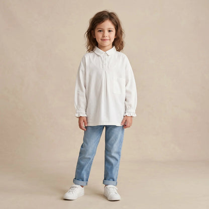 Girls White Long Sleeve Shirt with Pocket Detail Sol Vera