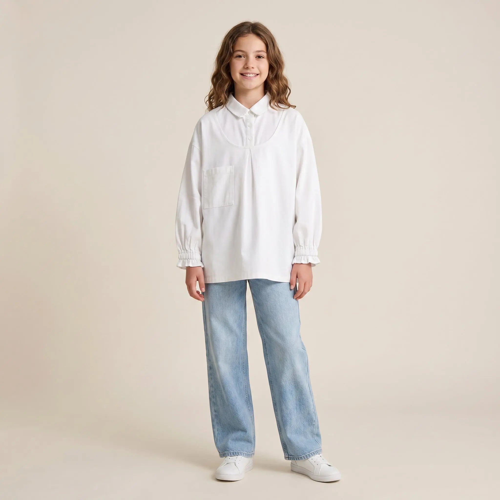 Girls White Long Sleeve Shirt with Pocket Detail Sol Vera