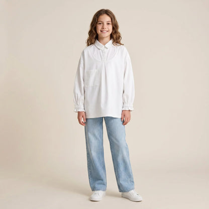 Girls White Long Sleeve Shirt with Pocket Detail Sol Vera