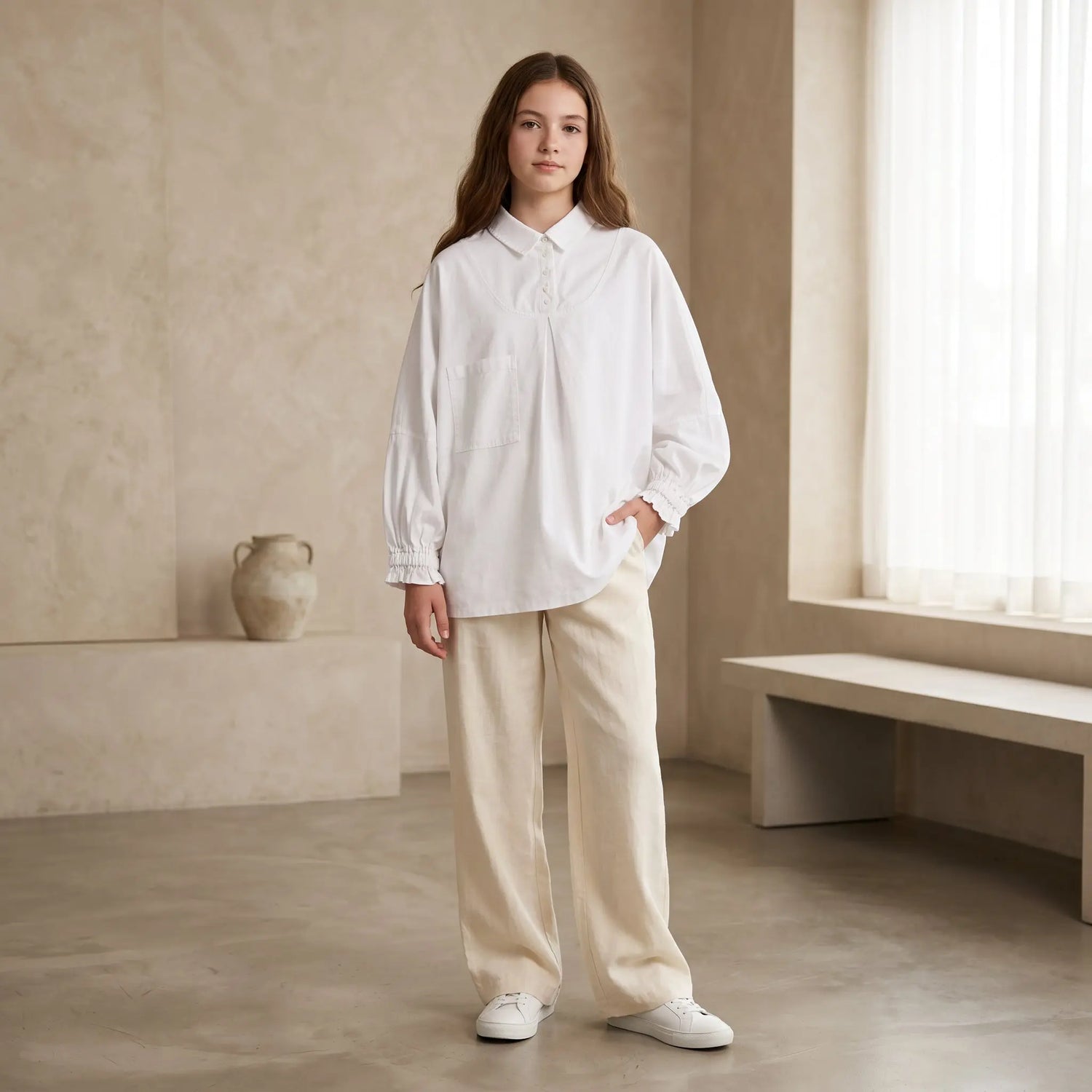 Girls White Long Sleeve Shirt with Pocket Detail Sol Vera