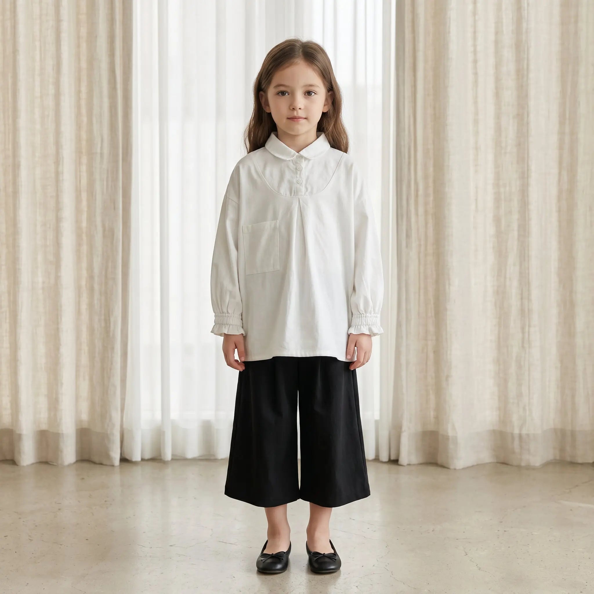 Girls White Long Sleeve Shirt with Pocket Detail Sol Vera
