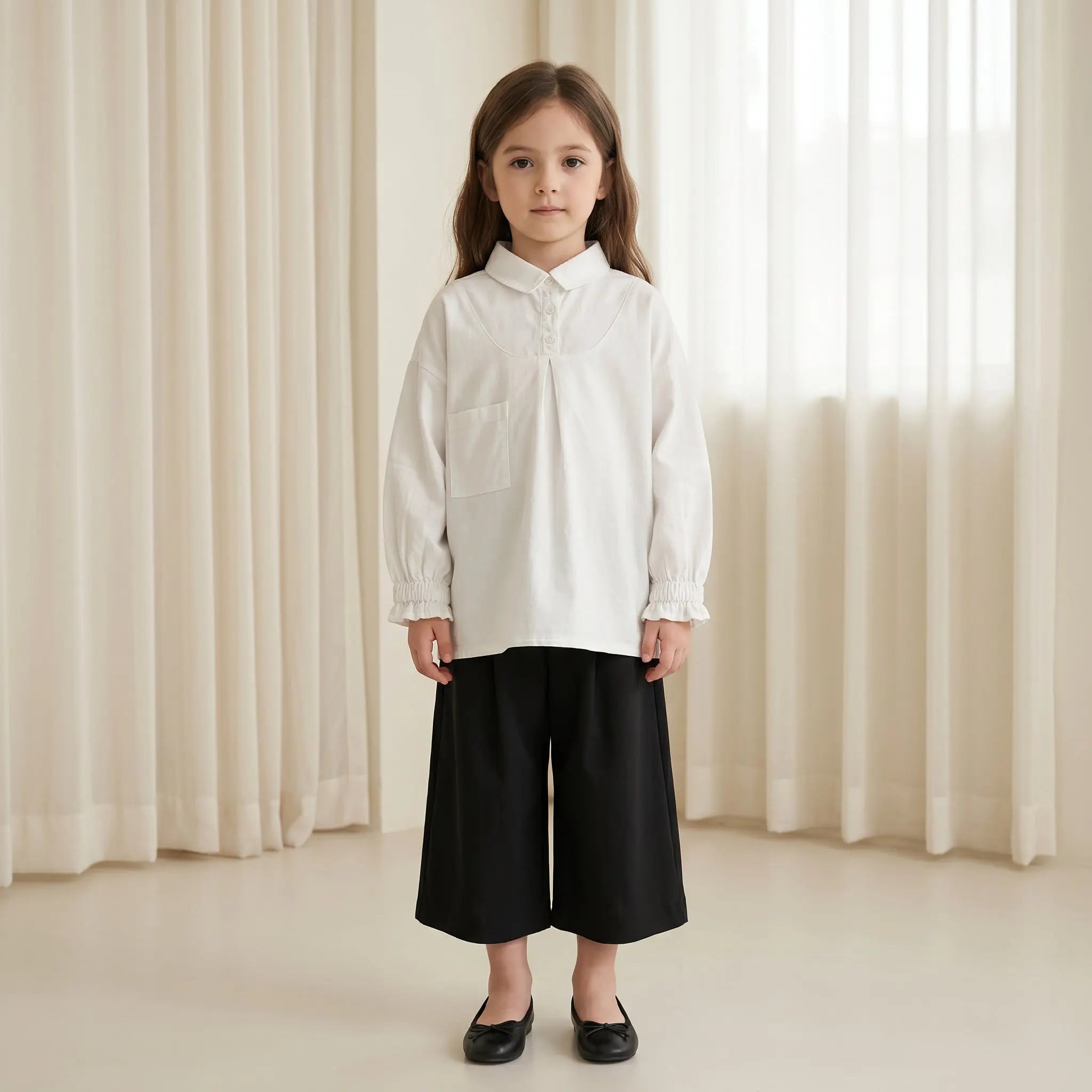 Girls White Long Sleeve Shirt with Pocket Detail Sol Vera