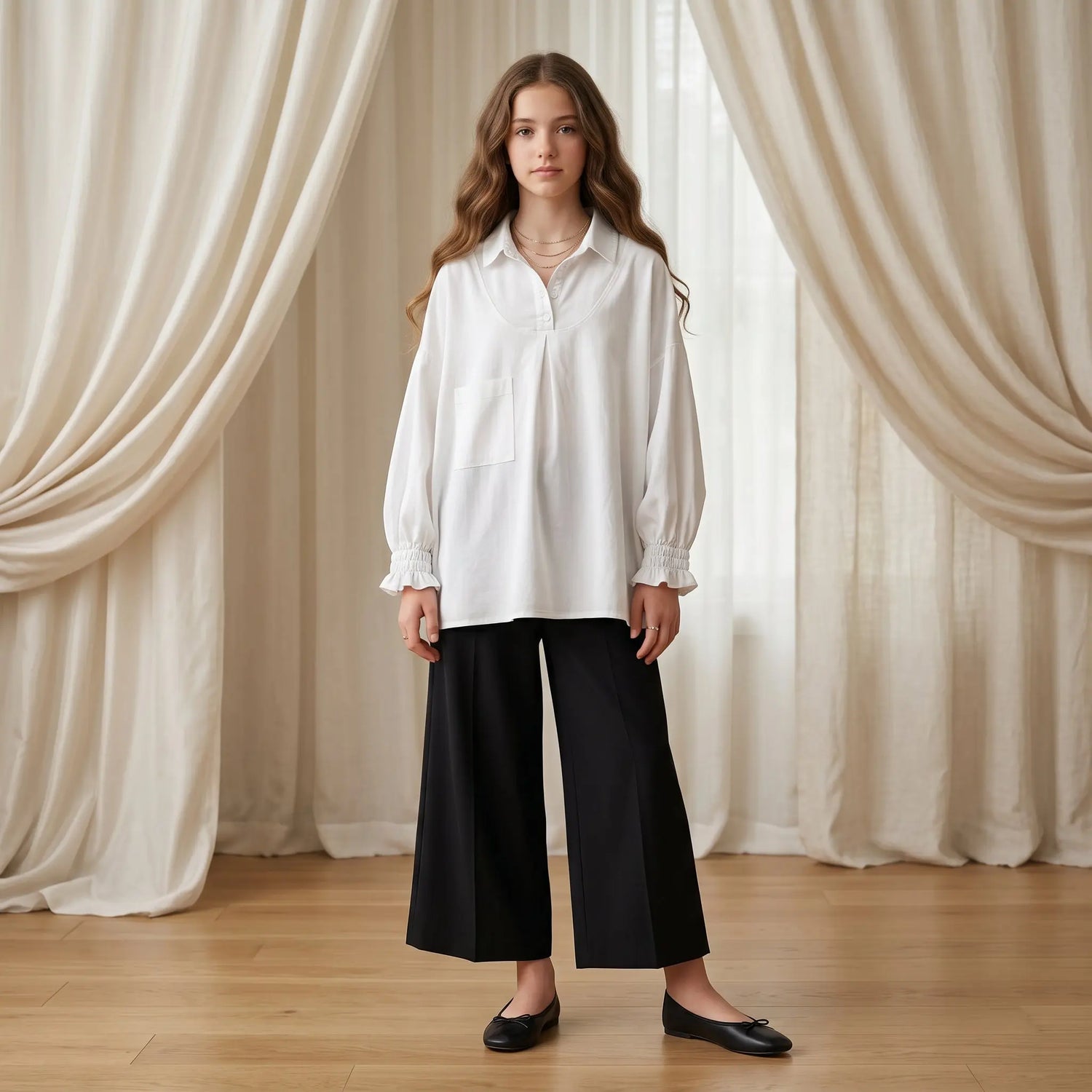 Girls White Long Sleeve Shirt with Pocket Detail Sol Vera