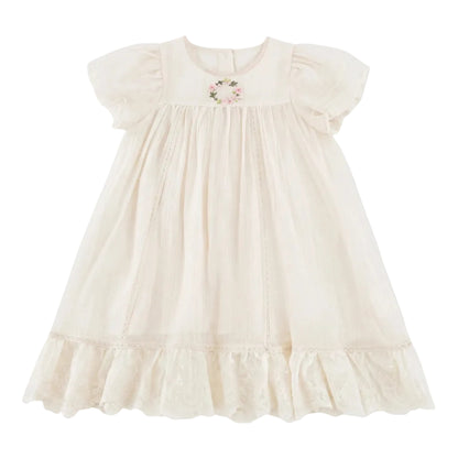 Girls Cream Smocked Dress with Ruffle Hem Sol Vera