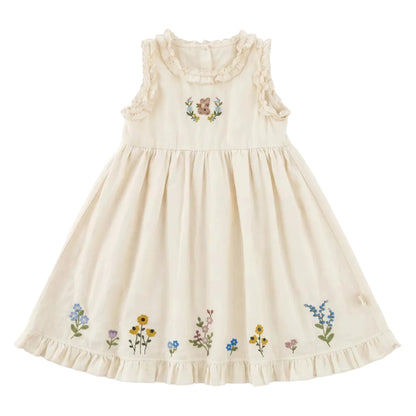 Girls Cream Floral Embroidered Sleeveless Dress Sol Vera