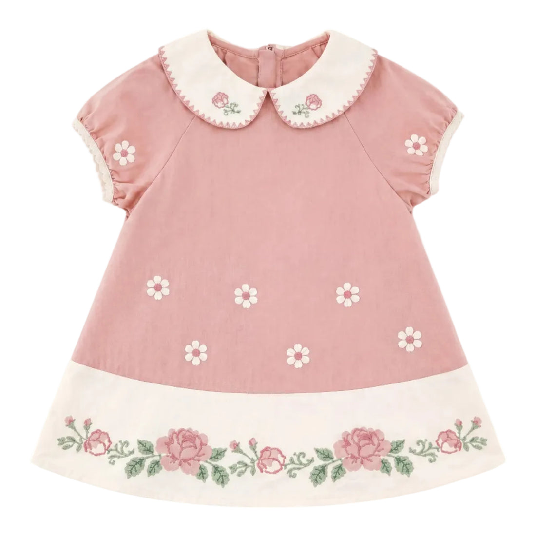 Girls Pink Floral Embroidered Dress with Peter Pan Collar Sol Vera