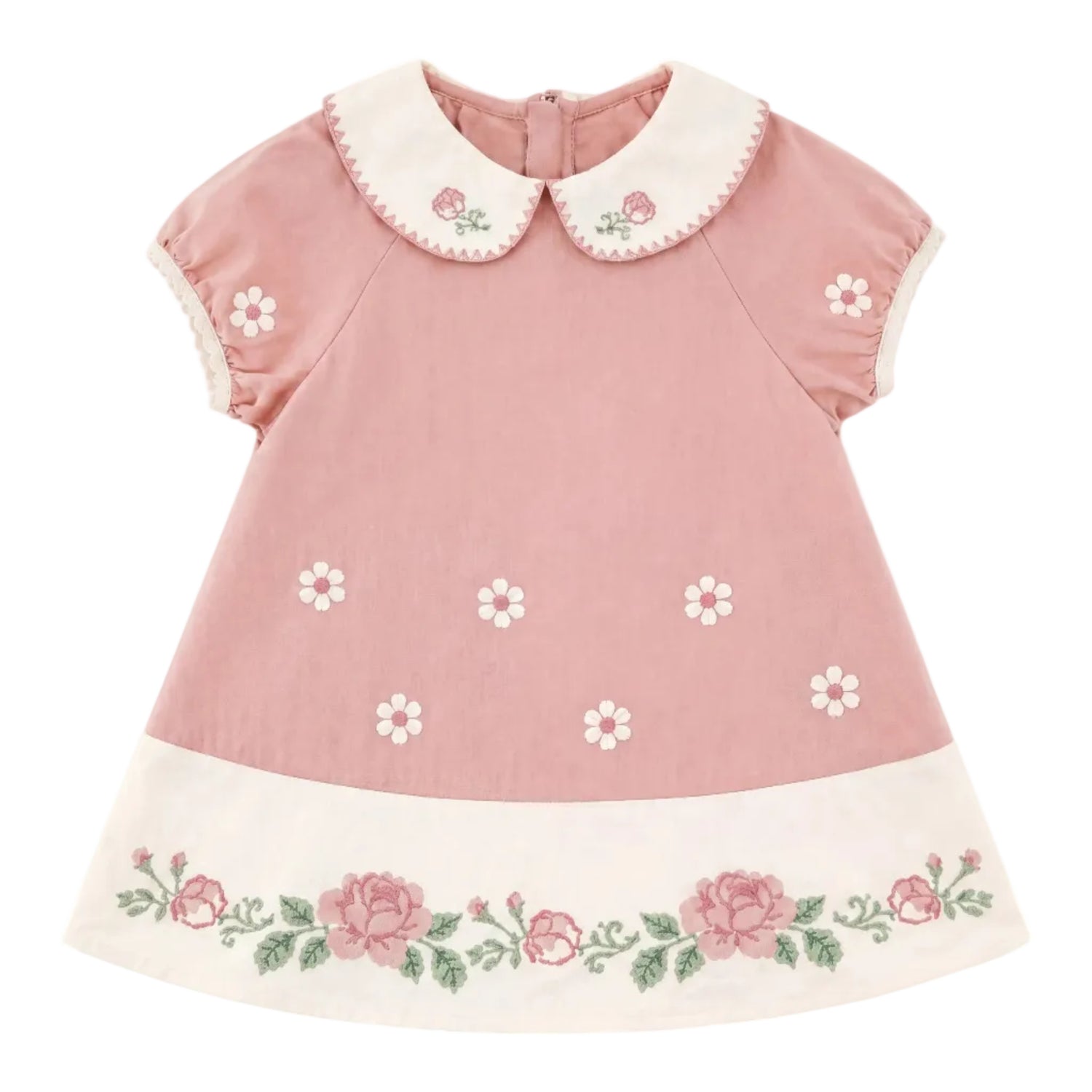 Girls Pink Floral Embroidered Dress with Peter Pan Collar Sol Vera