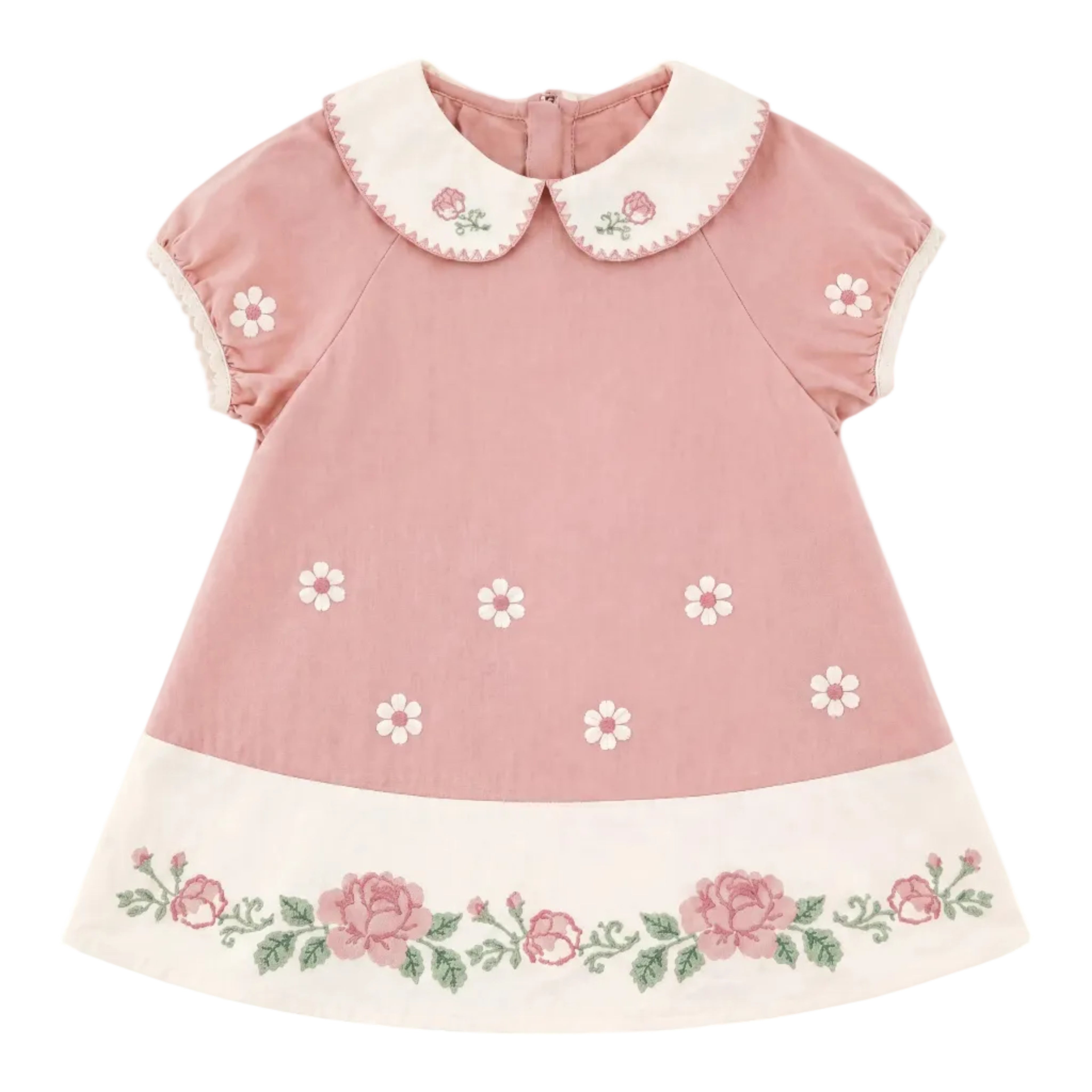 Girls Pink Floral Embroidered Dress with Peter Pan Collar Sol Vera