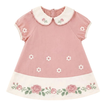 Girls Pink Floral Embroidered Dress with Peter Pan Collar Sol Vera