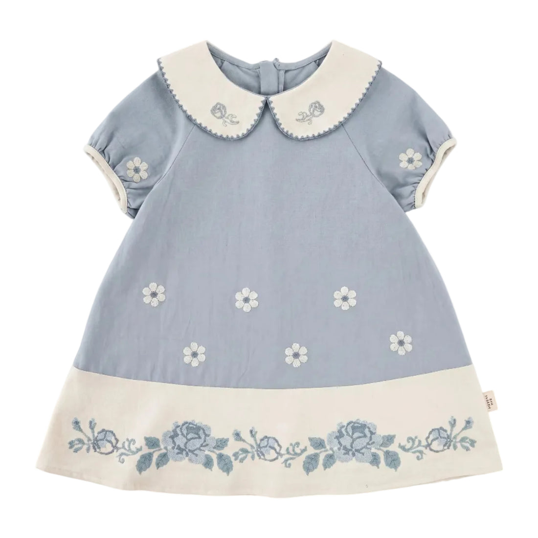 Girls Blue Floral Embroidered Dress with Peter Pan Collar Sol Vera