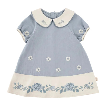 Girls Blue Floral Embroidered Dress with Peter Pan Collar Sol Vera