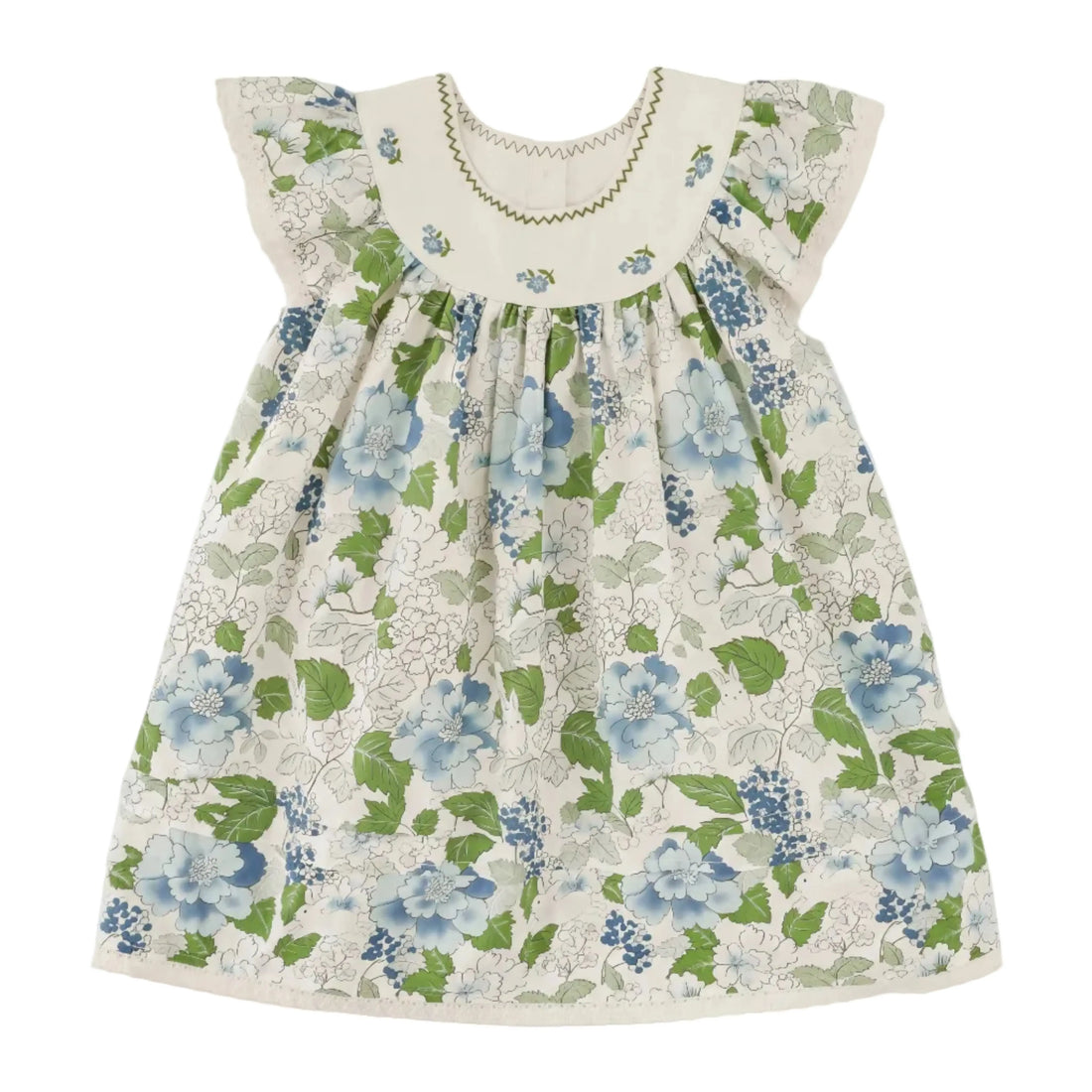 Girls Blue Floral Dress with Embroidered Collar Sol Vera