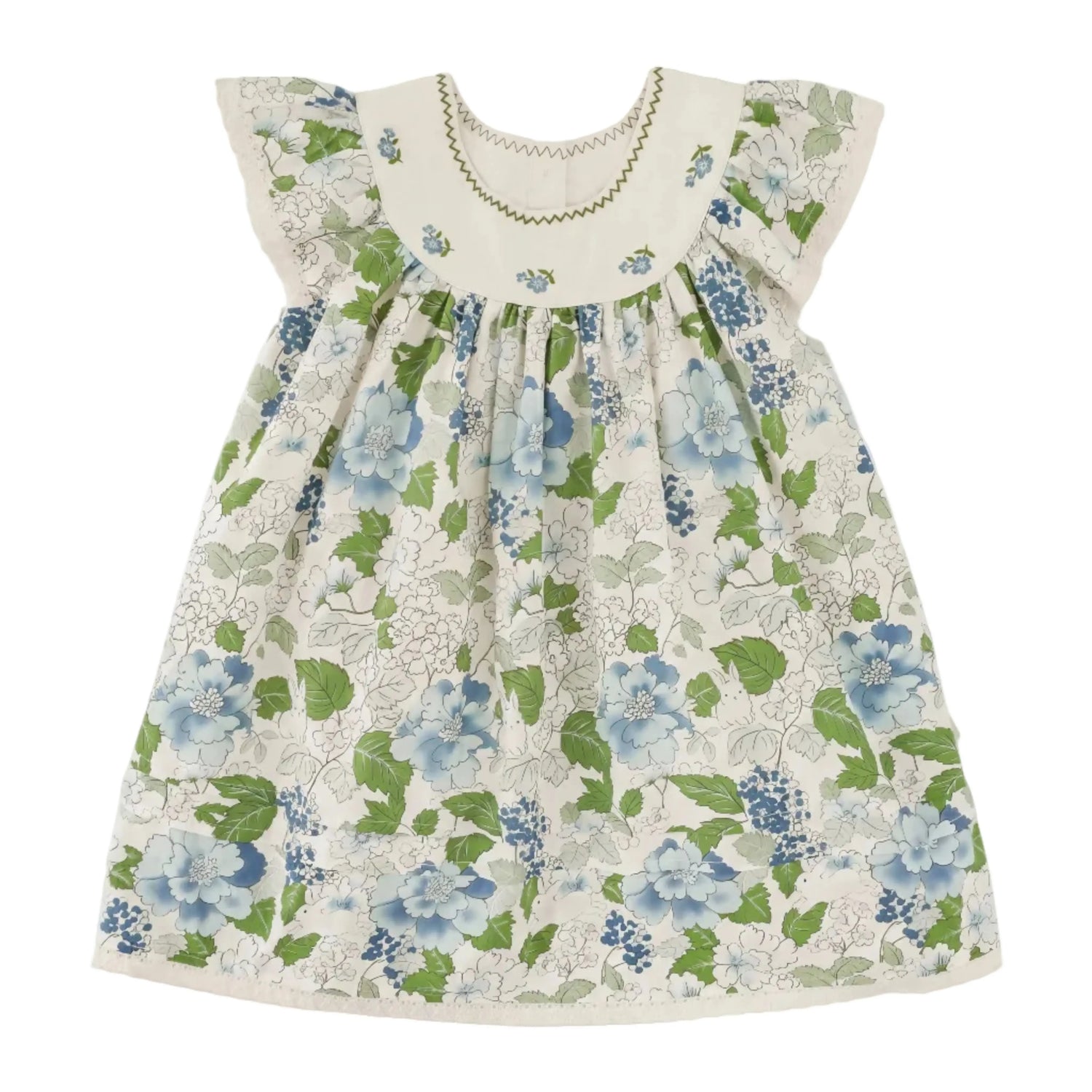 Girls Blue Floral Dress with Embroidered Collar Sol Vera
