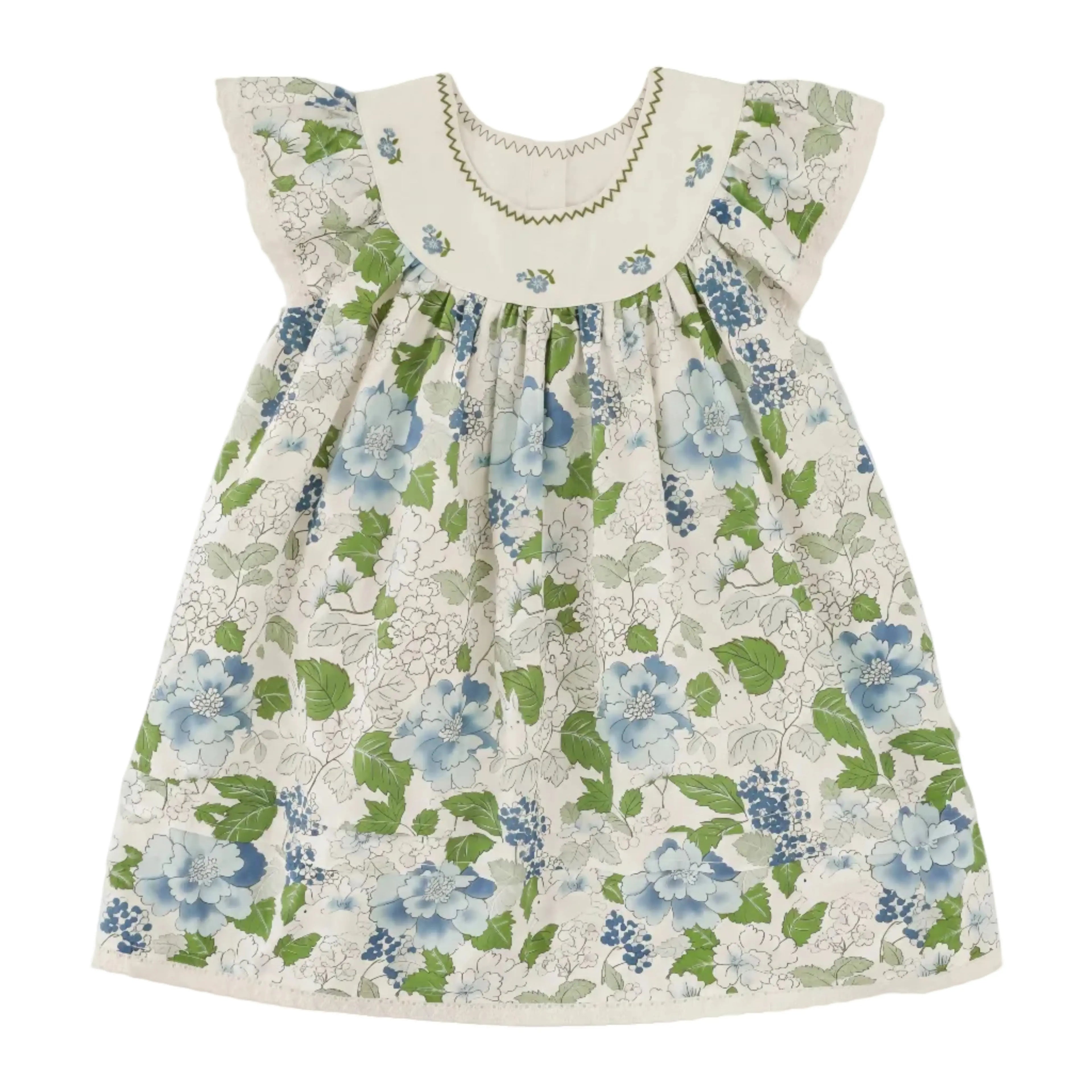 Girls Blue Floral Dress with Embroidered Collar Sol Vera