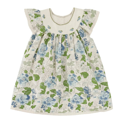 Girls Blue Floral Dress with Embroidered Collar Sol Vera
