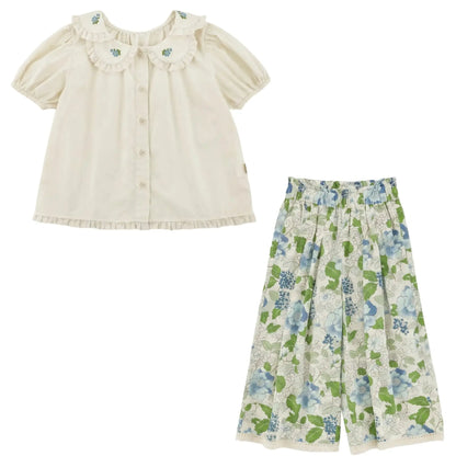 Girls Cream Embroidered Blouse &amp; Blue Floral Pants Set Sol Vera