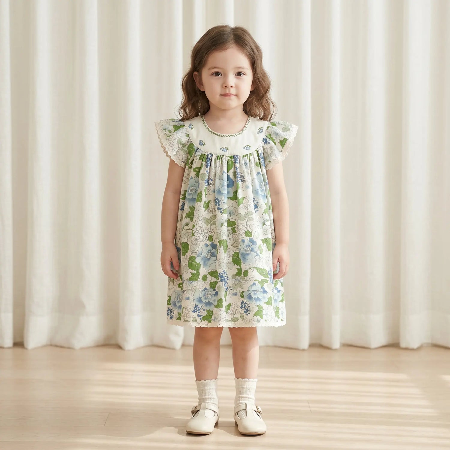 Girls Blue Floral Dress with Embroidered Collar Sol Vera