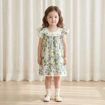 Girls Blue Floral Dress with Embroidered Collar Sol Vera