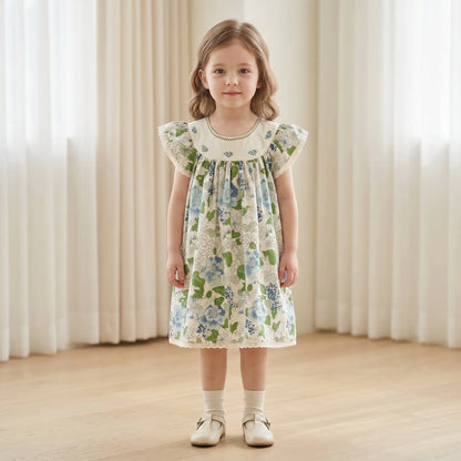 Girls Blue Floral Dress with Embroidered Collar Sol Vera