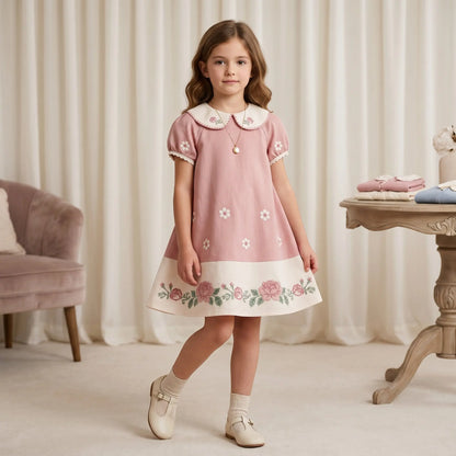 Girls Pink Floral Embroidered Dress with Peter Pan Collar Sol Vera