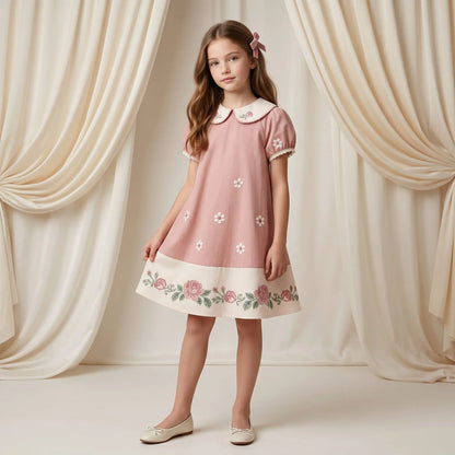 Girls Pink Floral Embroidered Dress with Peter Pan Collar Sol Vera