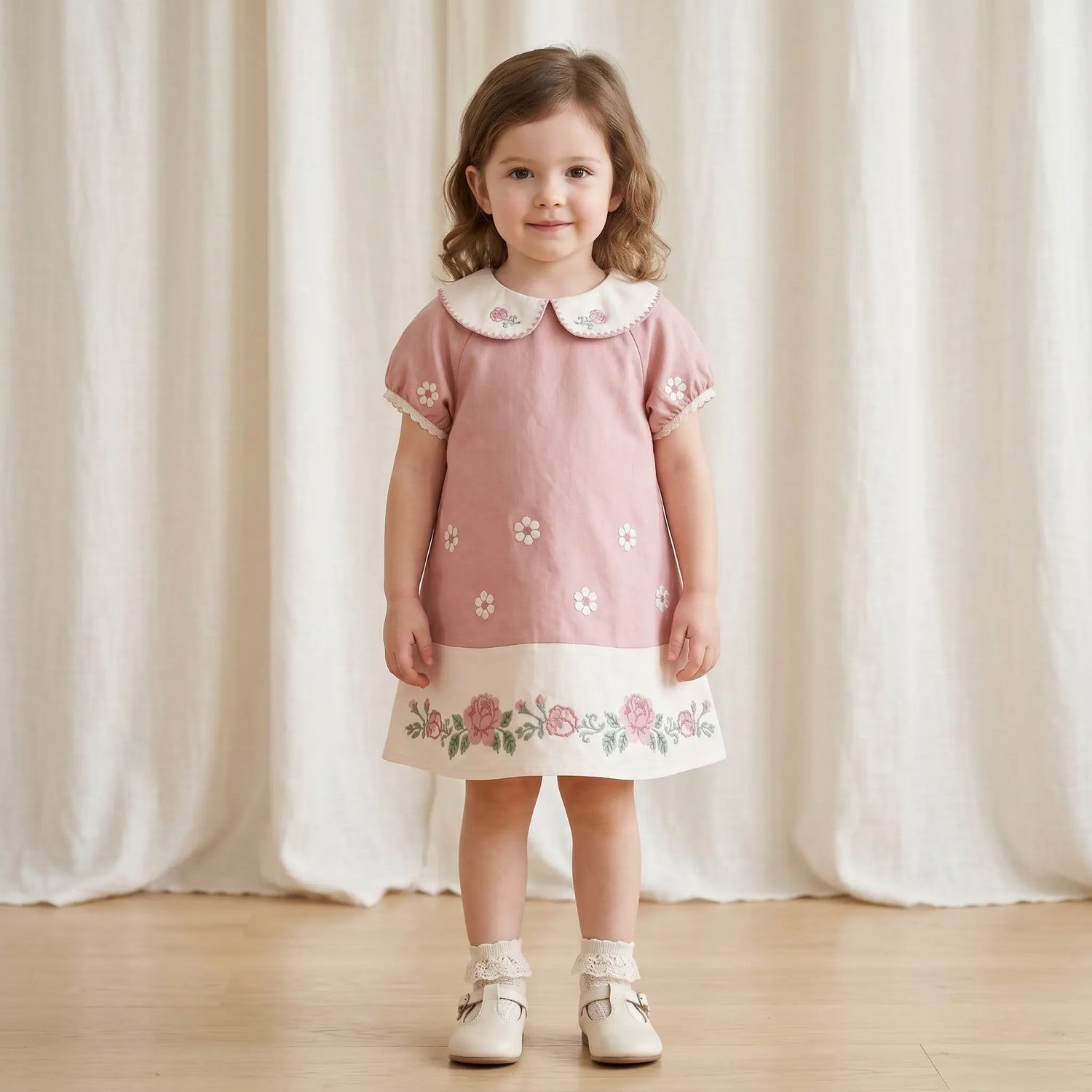 Girls Pink Floral Embroidered Dress with Peter Pan Collar Sol Vera