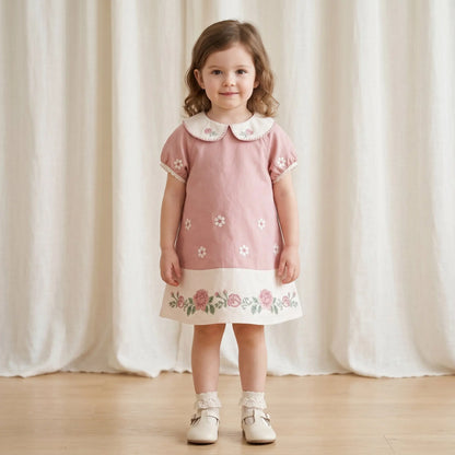 Girls Pink Floral Embroidered Dress with Peter Pan Collar Sol Vera