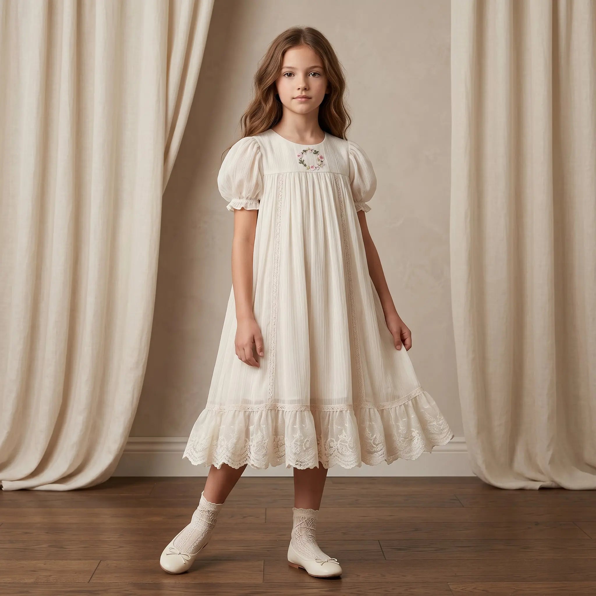 Girls Cream Smocked Dress with Ruffle Hem Sol Vera