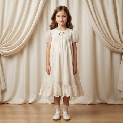 Girls Cream Smocked Dress with Ruffle Hem Sol Vera
