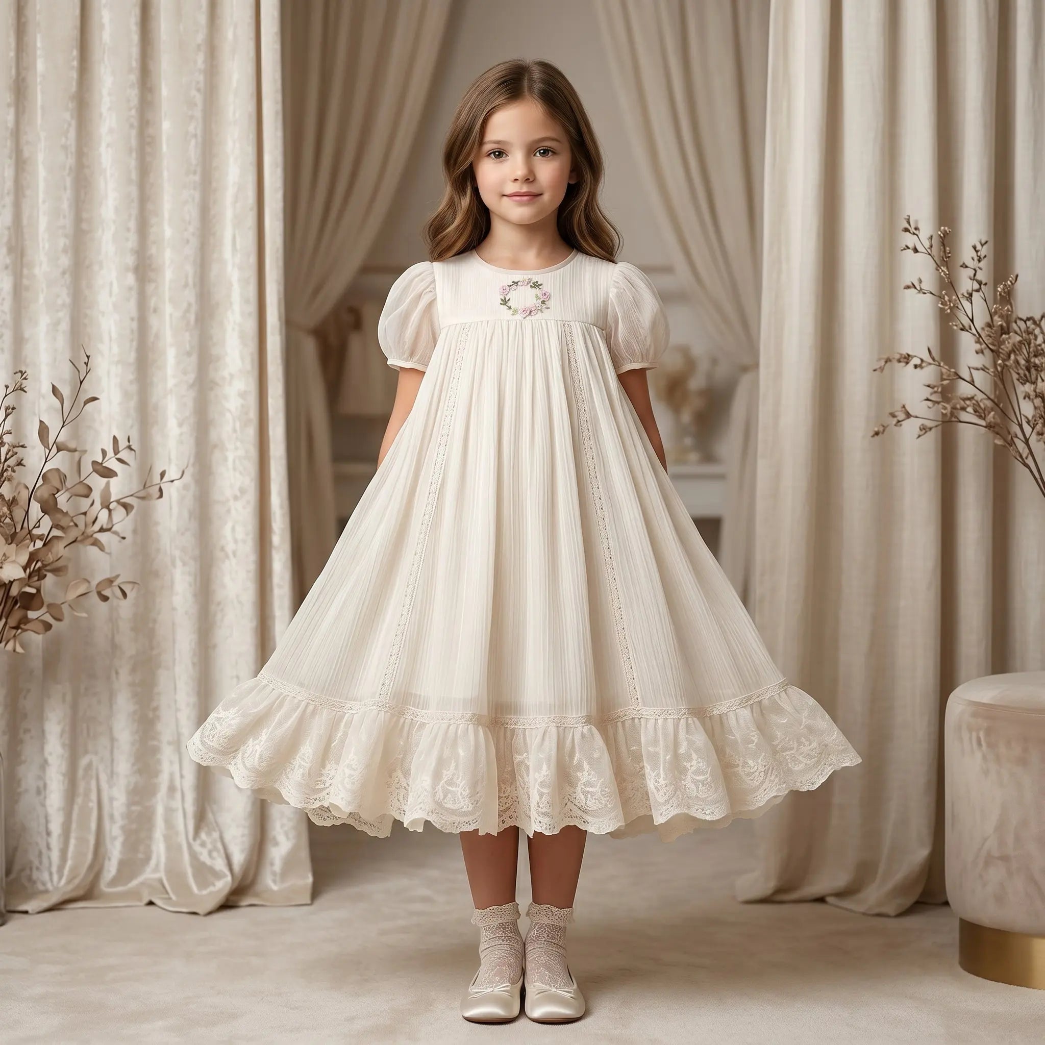 Girls Cream Smocked Dress with Ruffle Hem Sol Vera