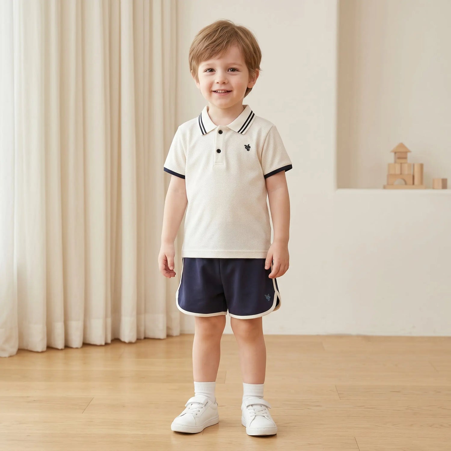 Boys Cream Polo Shirt &amp; Navy Shorts Set Sol Vera
