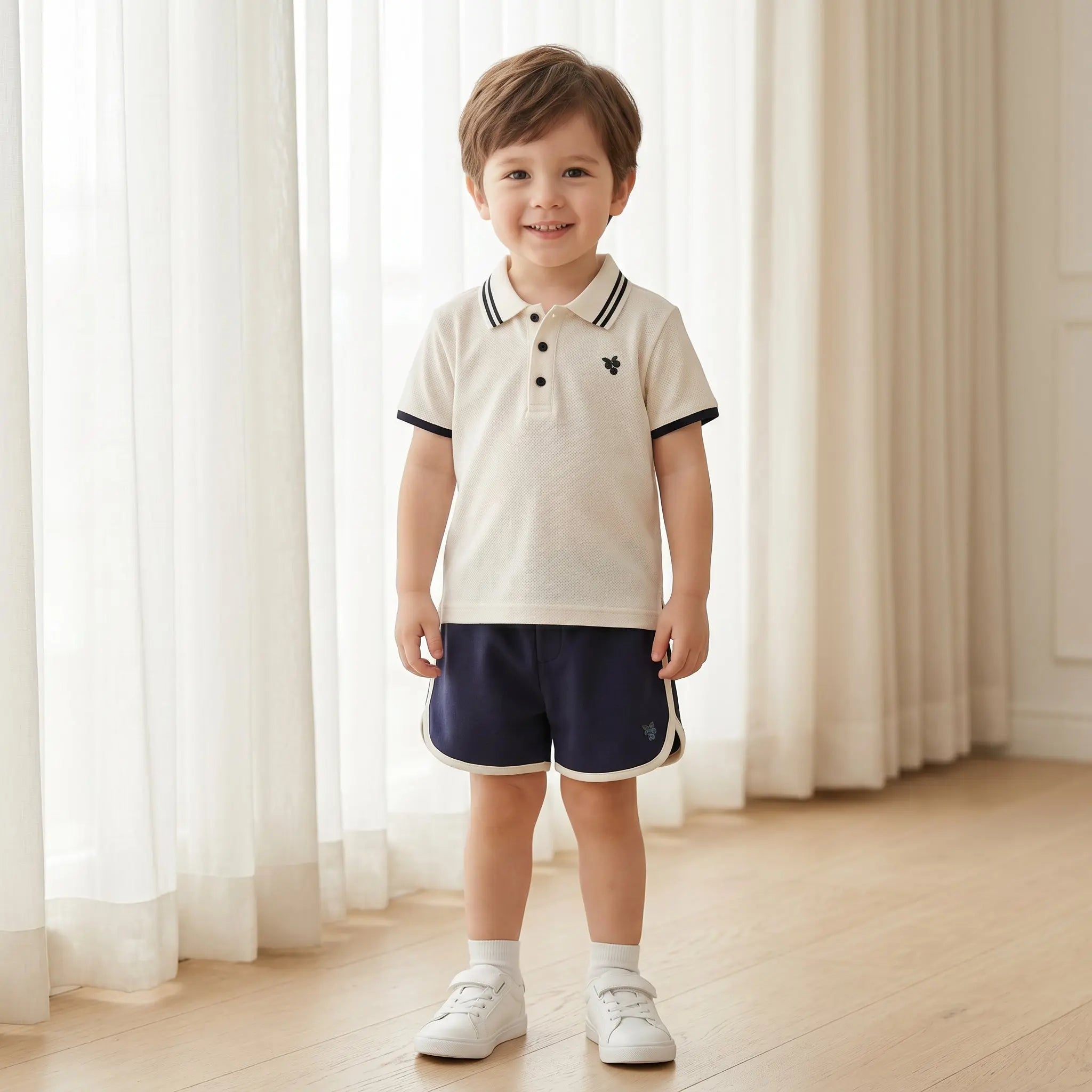 Boys Cream Polo Shirt &amp; Navy Shorts Set Sol Vera