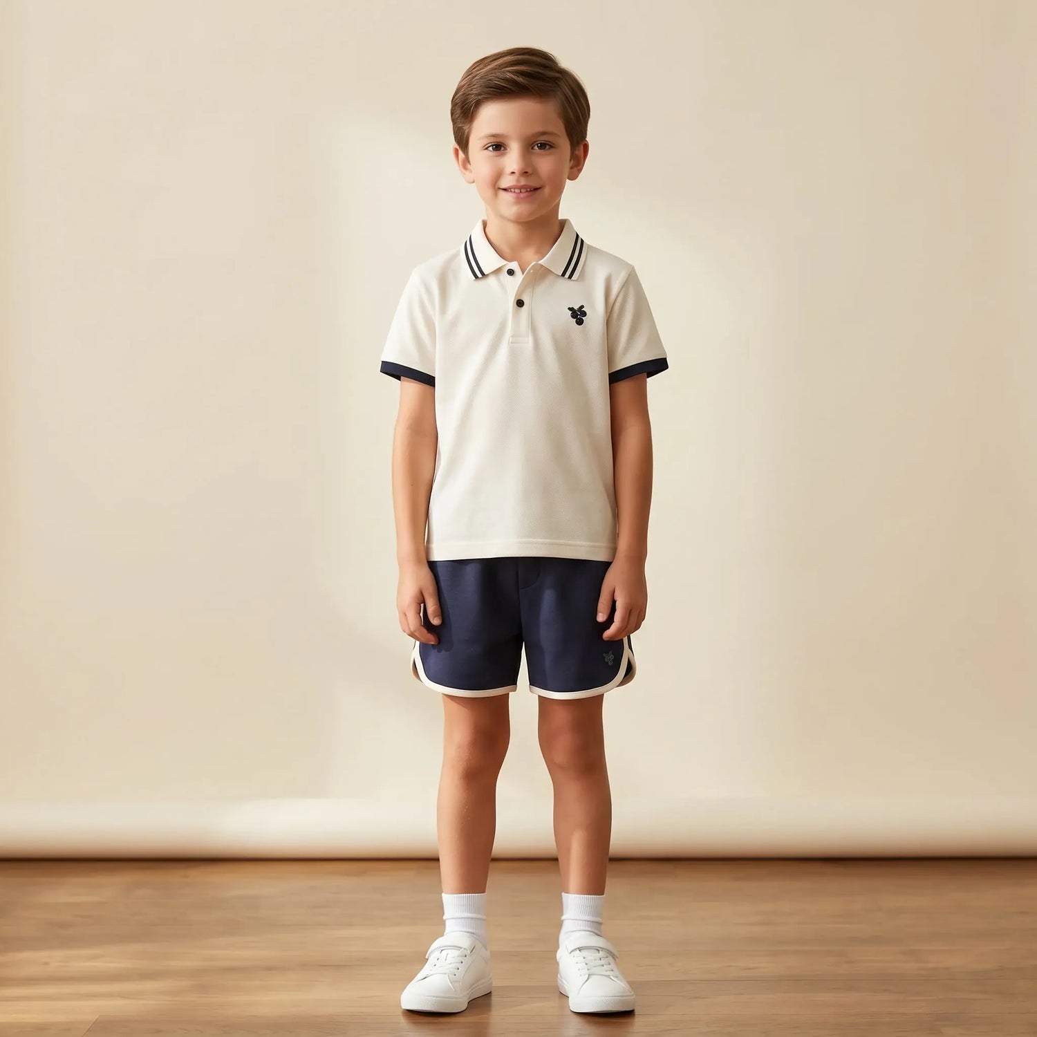 Boys Cream Polo Shirt &amp; Navy Shorts Set Sol Vera