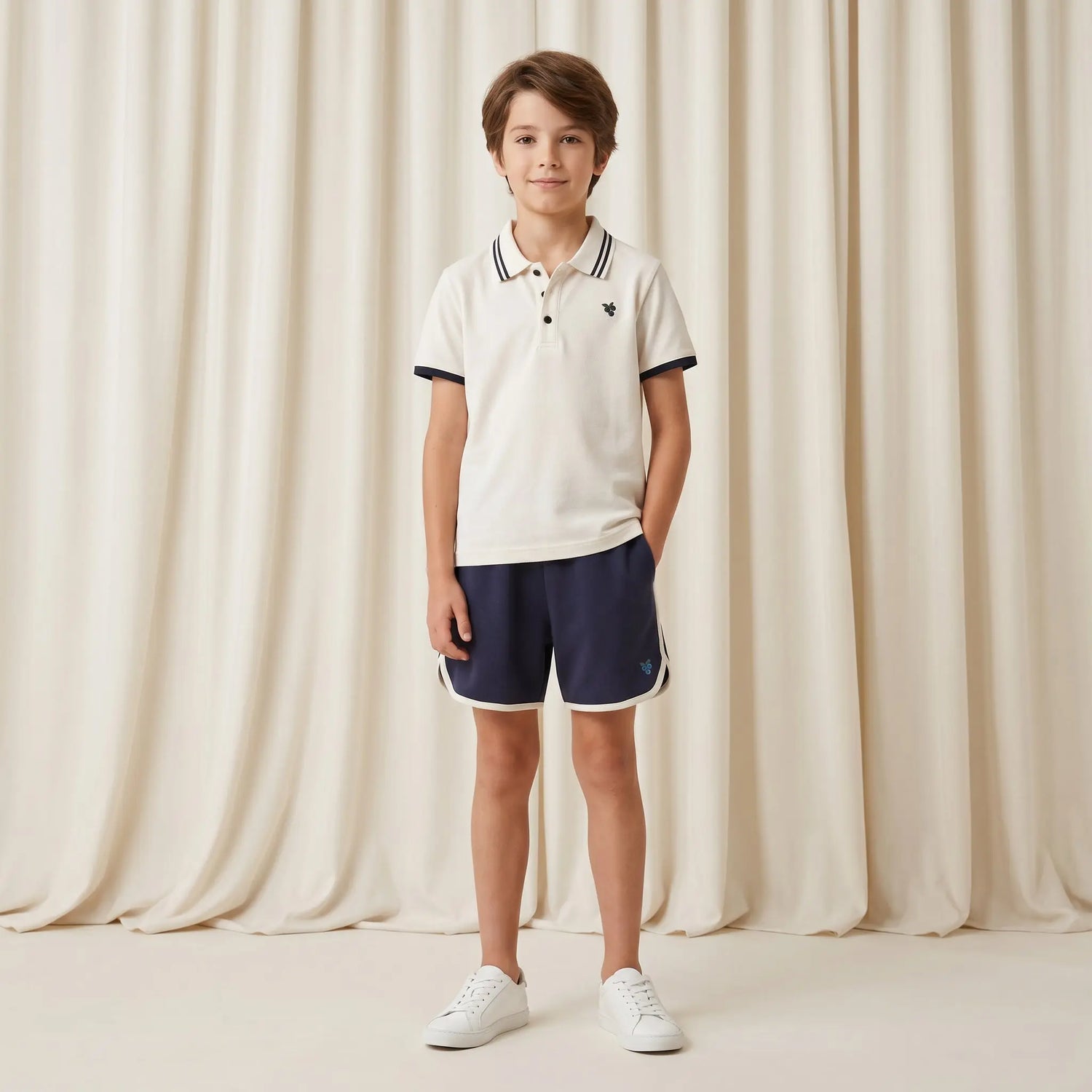 Boys Cream Polo Shirt &amp; Navy Shorts Set Sol Vera