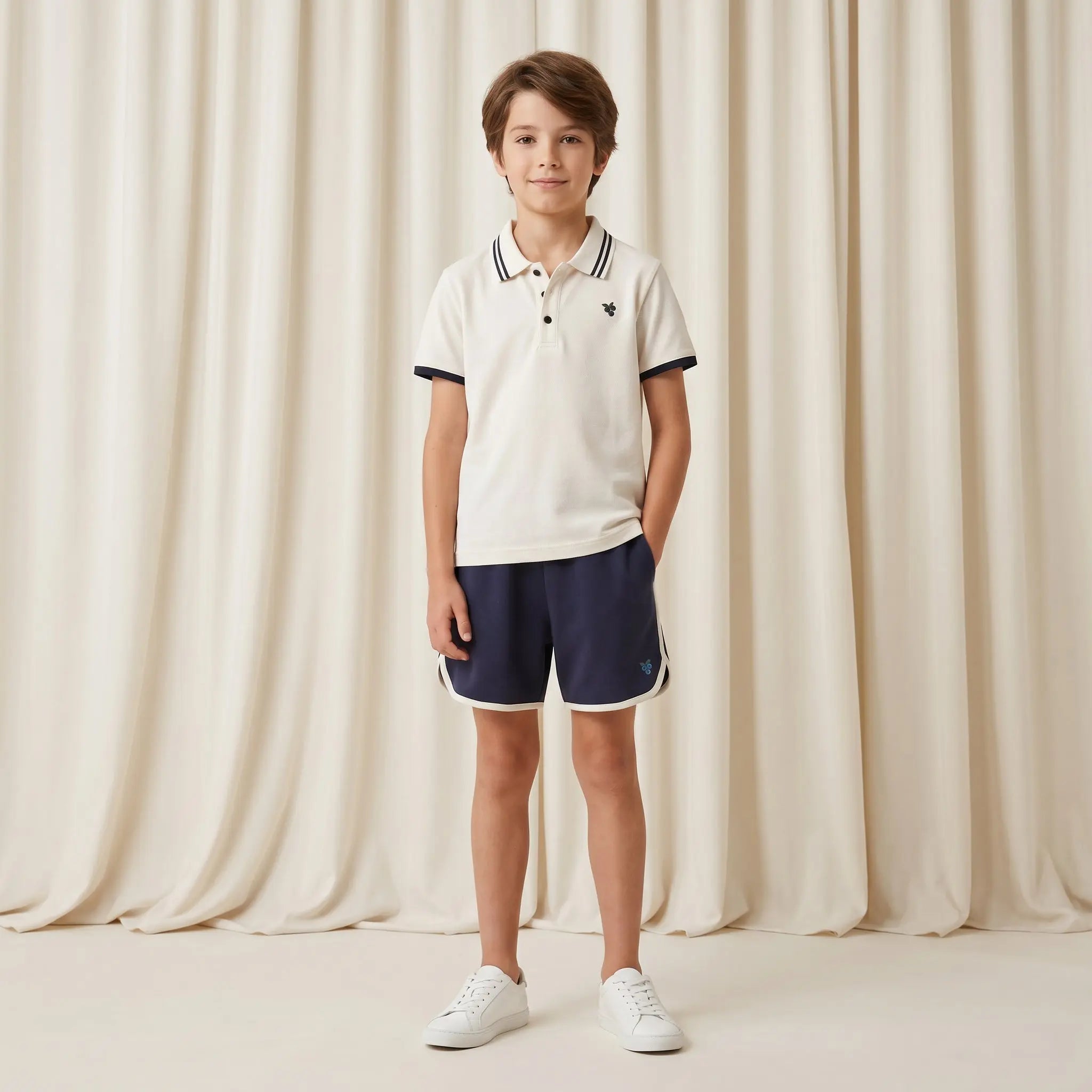 Boys Cream Polo Shirt &amp; Navy Shorts Set Sol Vera