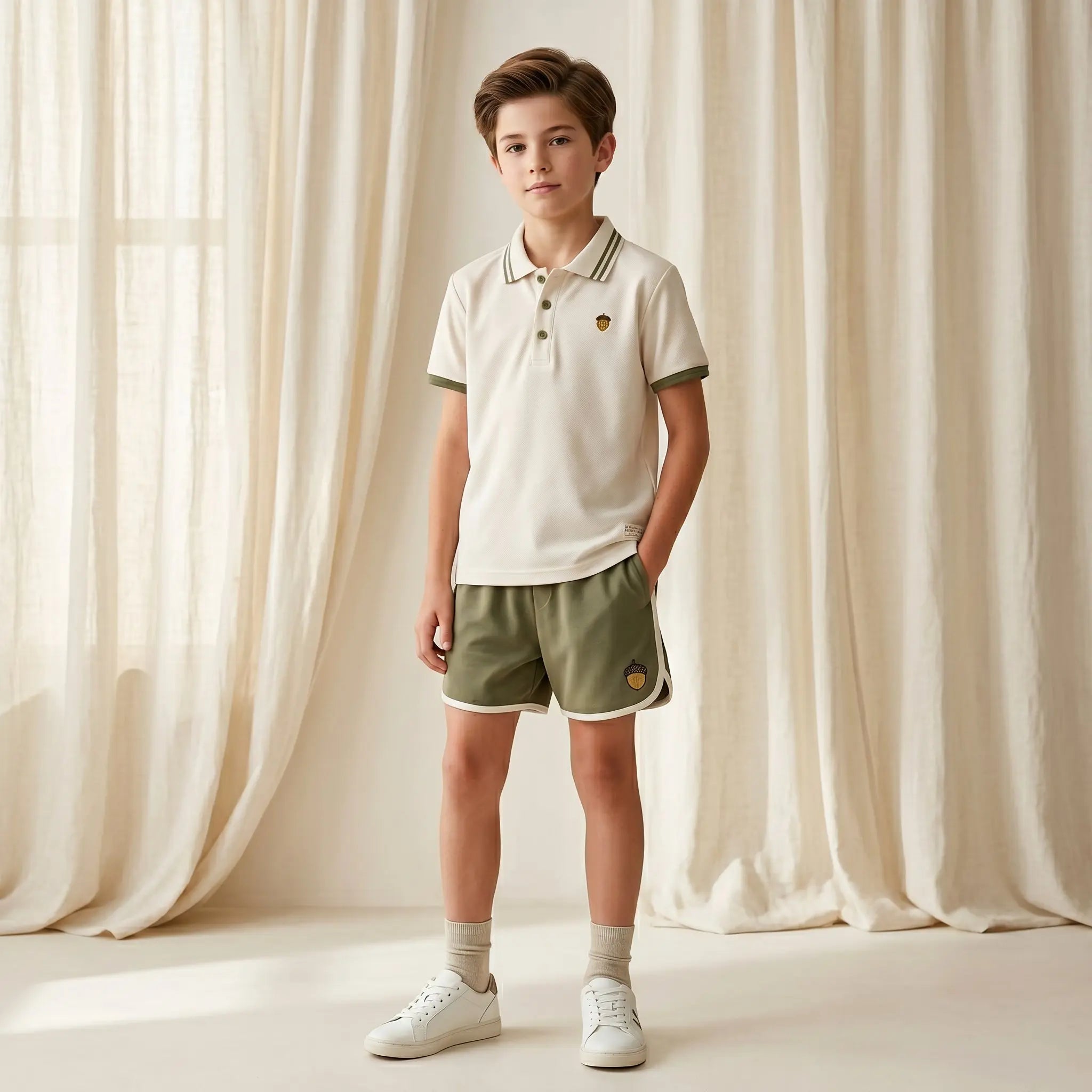 Boys Cream Polo Shirt &amp; Olive Shorts Set Sol Vera