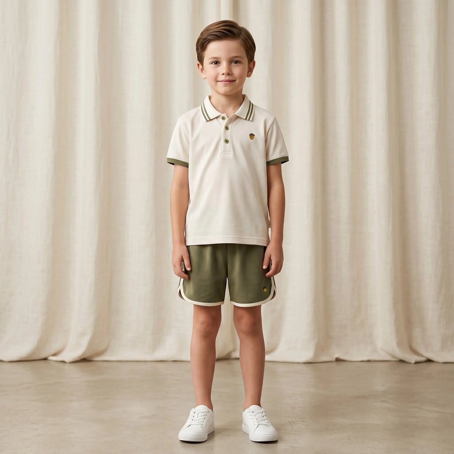 Boys Cream Polo Shirt &amp; Olive Shorts Set Sol Vera