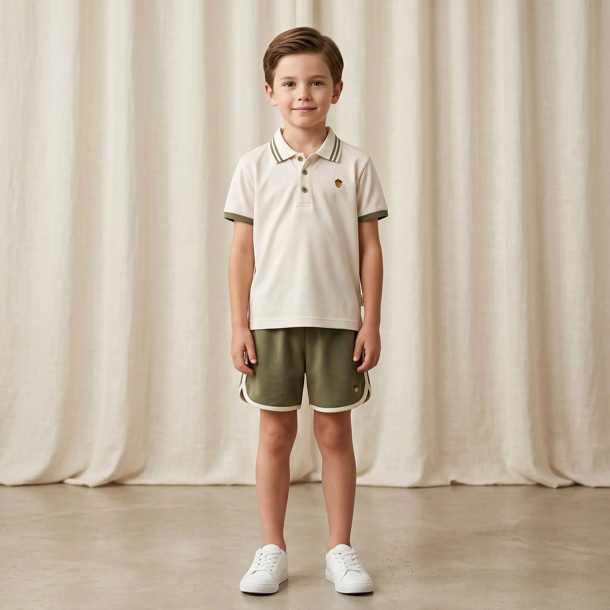 Boys Cream Polo Shirt &amp; Olive Shorts Set Sol Vera