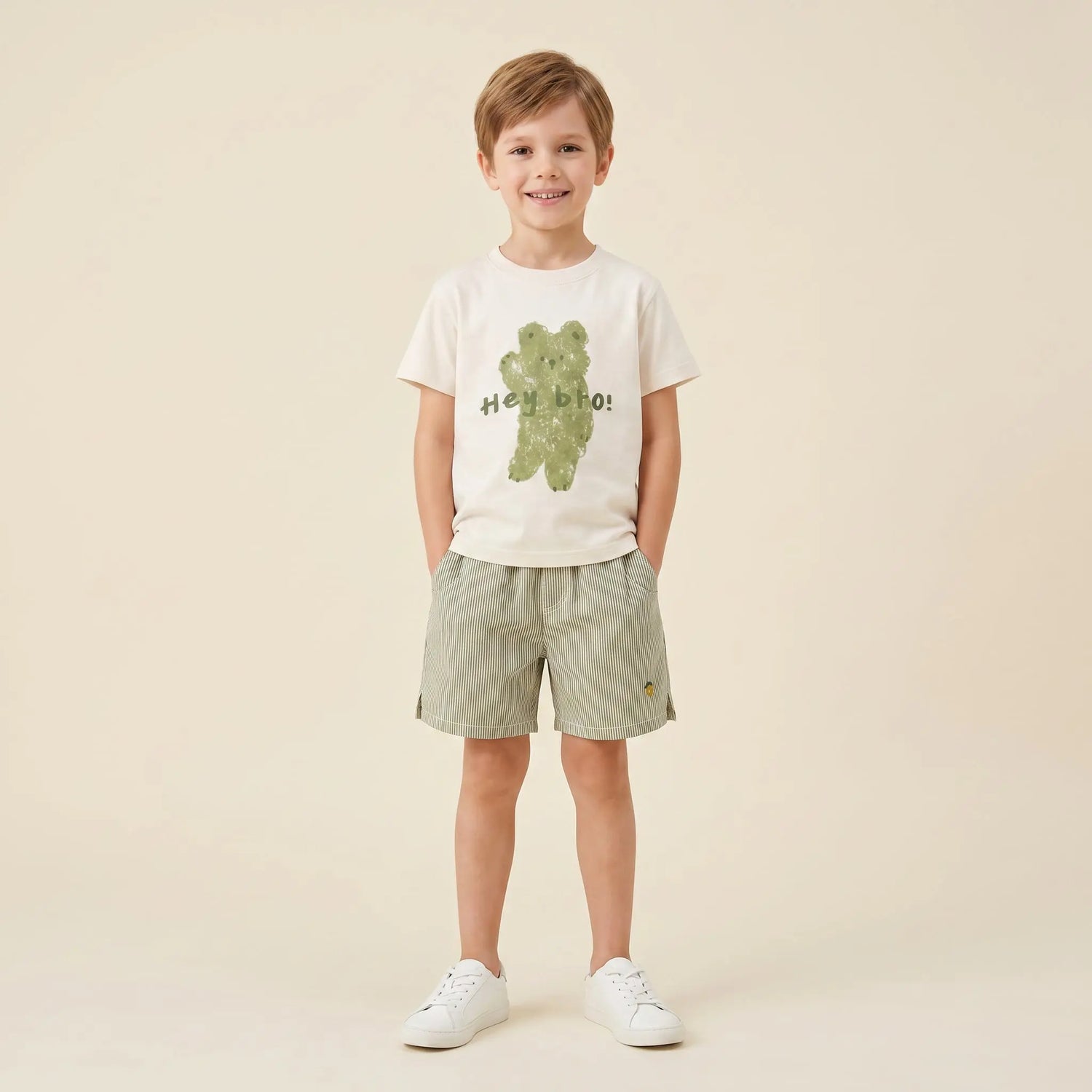 Boys Cream Graphic T-Shirt &amp; Striped Shorts Set Sol Vera