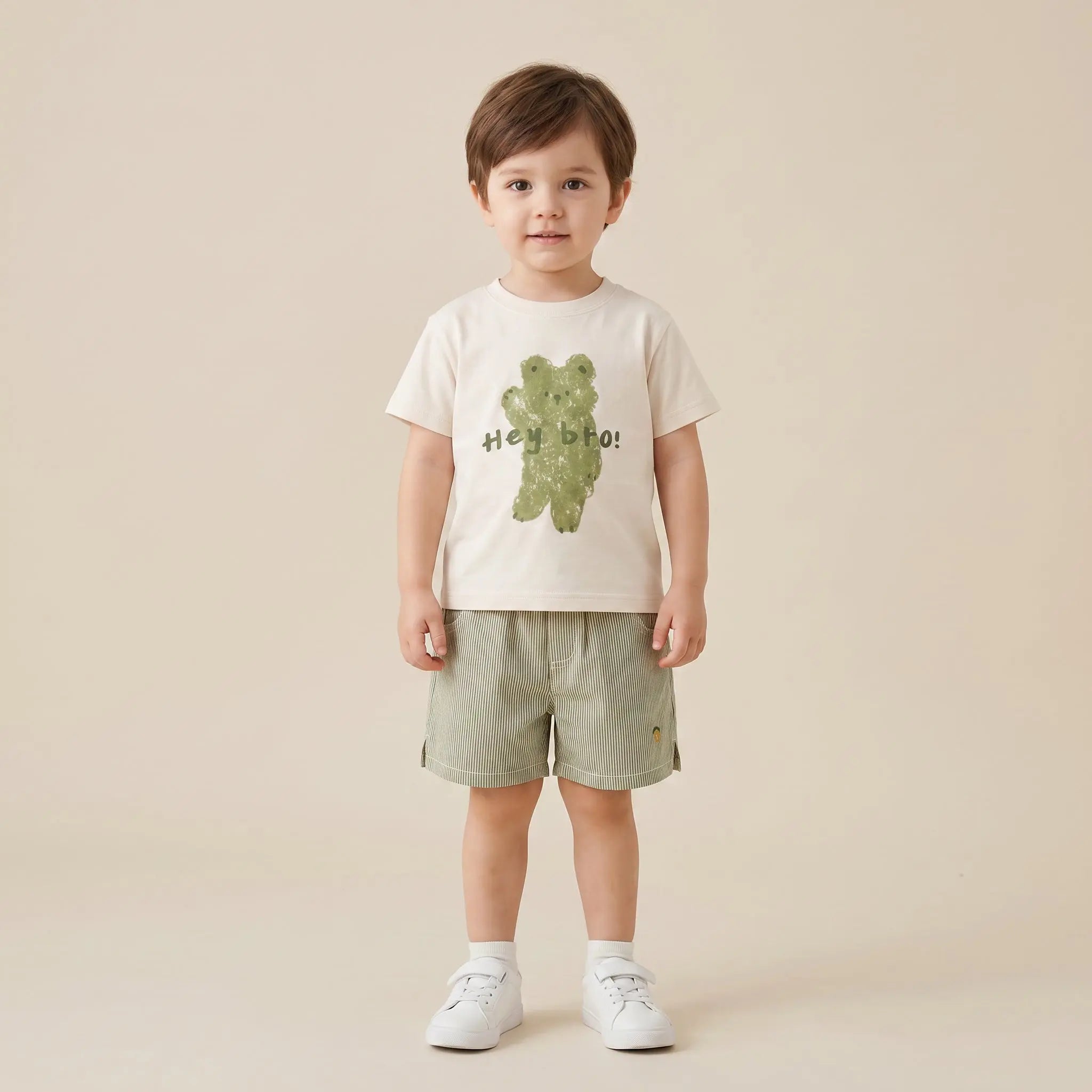 Boys Cream Graphic T-Shirt &amp; Striped Shorts Set Sol Vera
