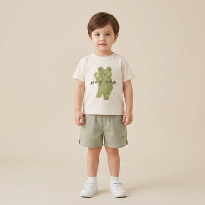 Boys Cream Graphic T-Shirt &amp; Striped Shorts Set Sol Vera