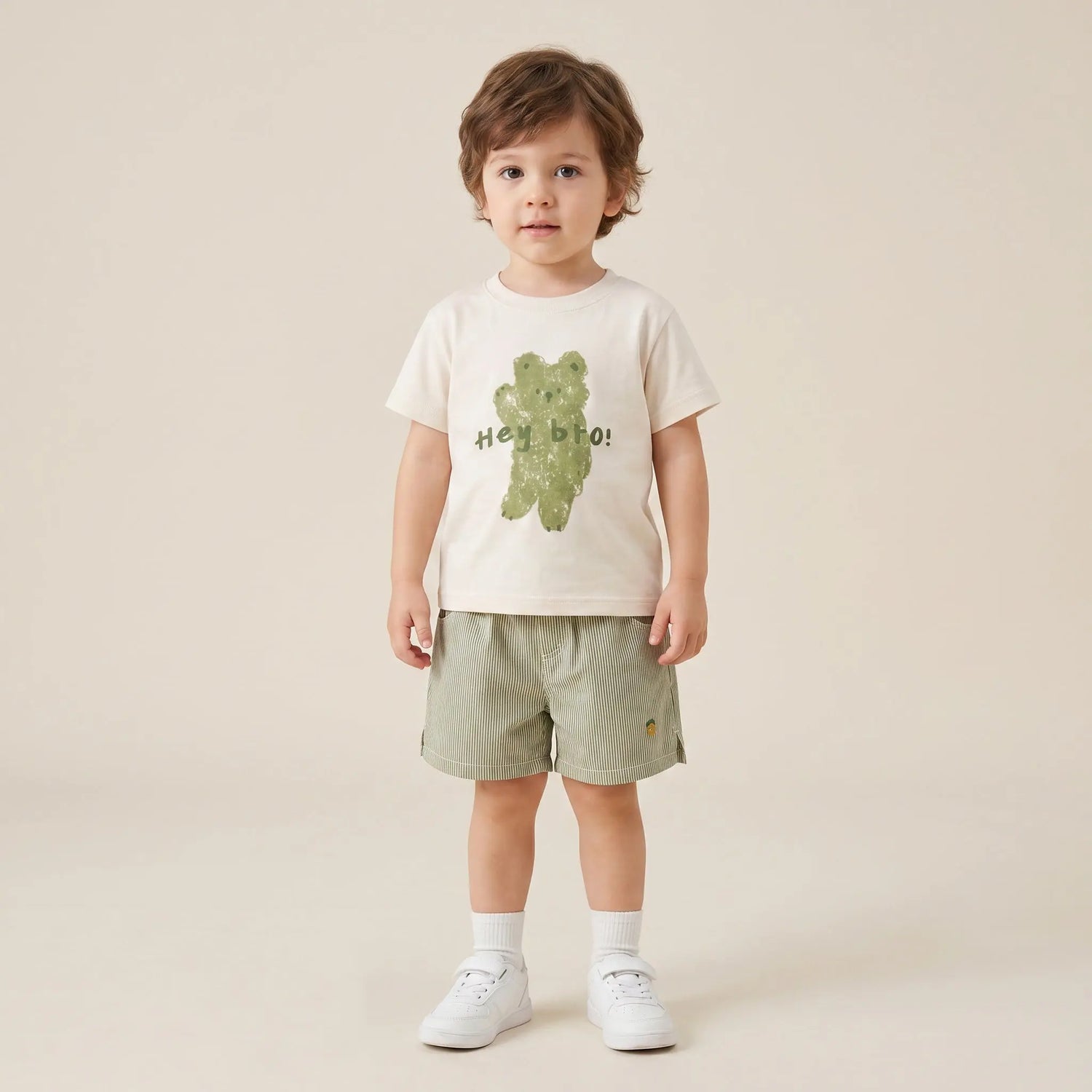Boys Cream Graphic T-Shirt &amp; Striped Shorts Set Sol Vera