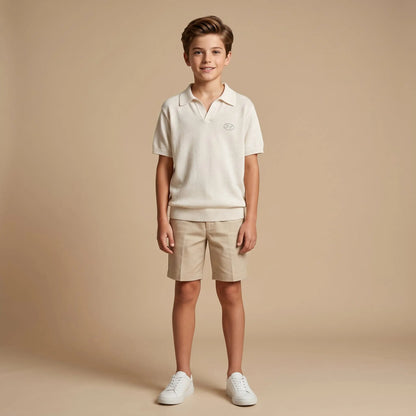 Boys White Knit Polo Shirt Sol Vera
