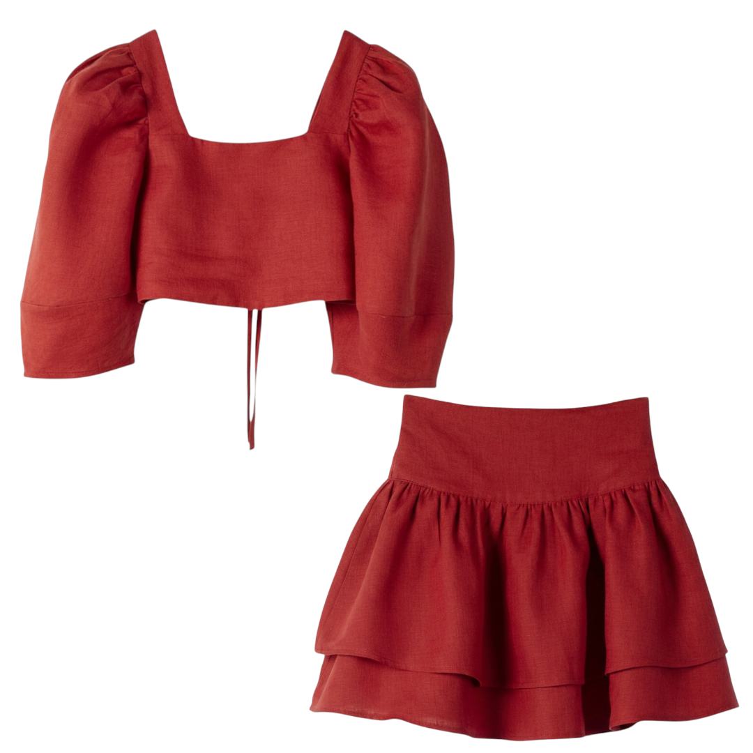 Girls Thira Red Linen Puff Sleeve Top &amp; Double Ruffle Skirt Set