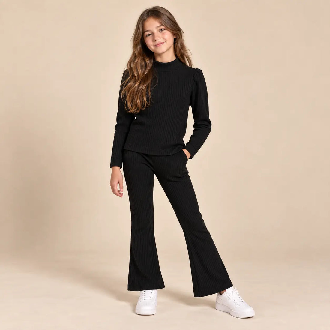 10 year girl wearing Girls Ribbed T-shirt &amp; Leggings - Black