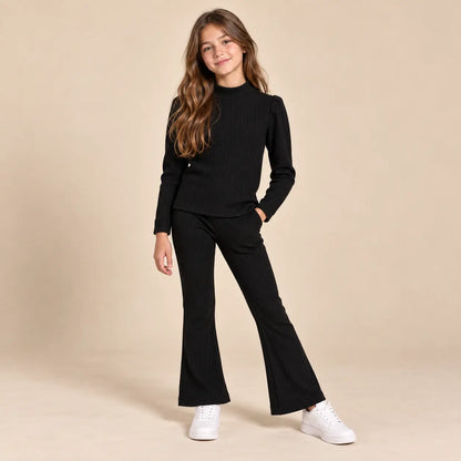10 year girl wearing Girls Ribbed T-shirt &amp; Leggings - Black