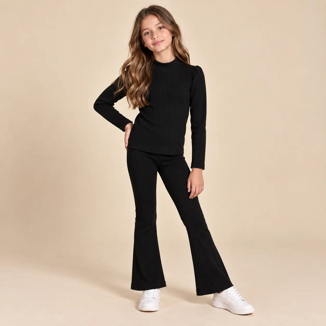 10 year girl wearing Girls Ribbed T-shirt &amp; Leggings - Black second pose