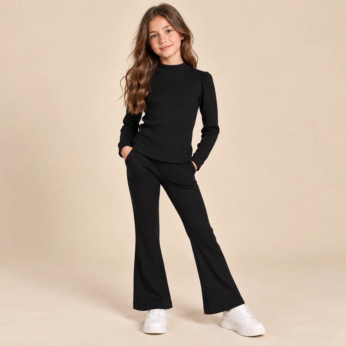 14 year girl wearing Girls Ribbed T-shirt &amp; Leggings - Black
